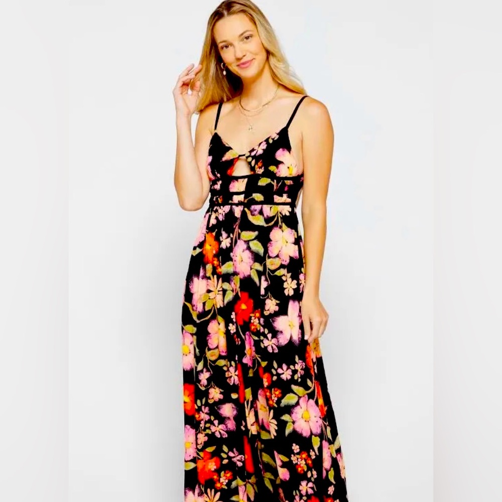 Free People Wisteria Print V-Neck Cut-Out Sleeveless Maxi Dress XS